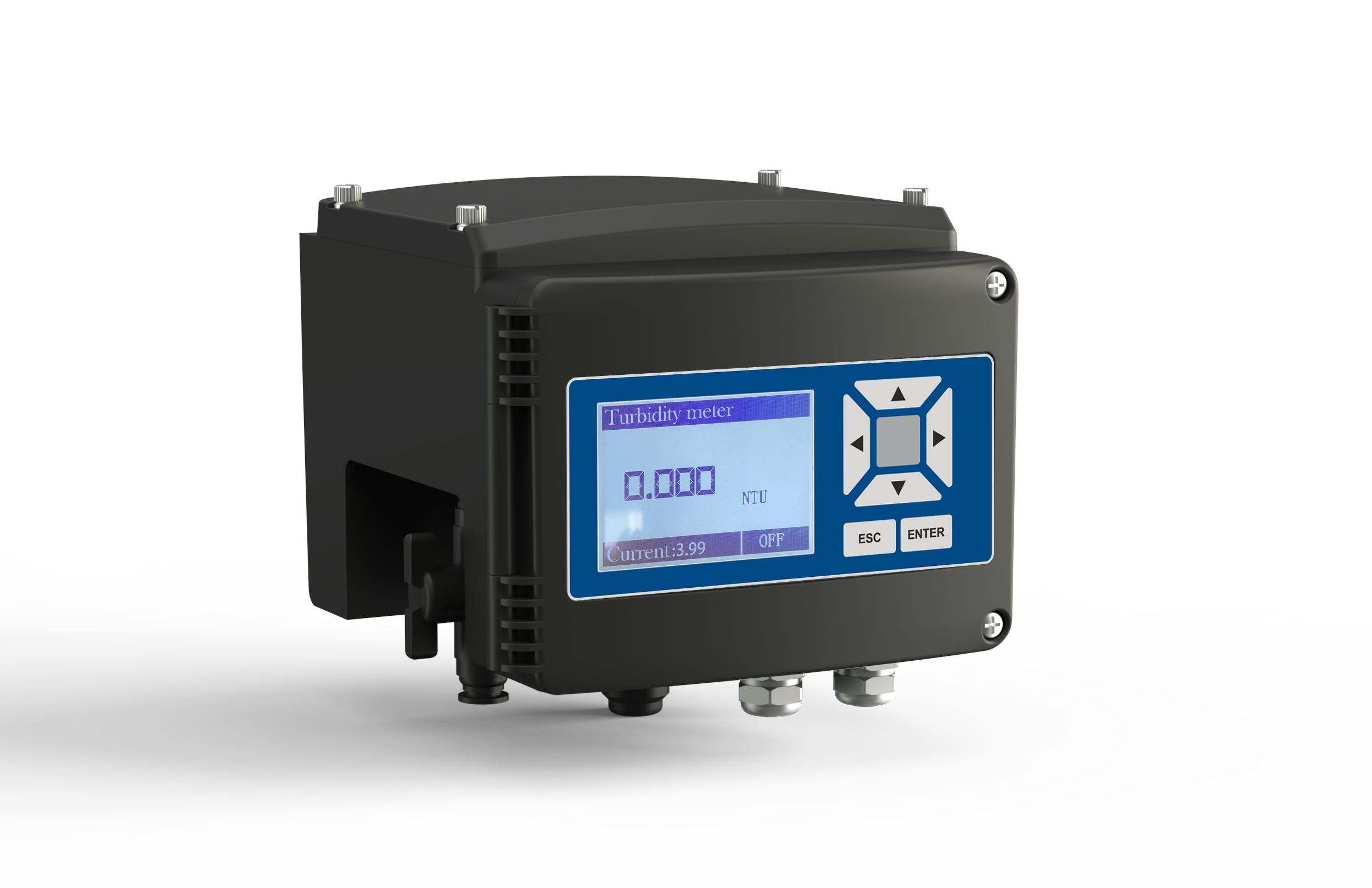 The low-range turbidity analyzer, through the parallel light emitted by the light source into the water sample of the sensor, the light is scattered by the particles in the water sample, and the scattered light at a 90-degree angle to the incident angle is received by the silicon photocell receiver immersed in the water sample After receiving, the turbidity value of the water sample is obtained by calculating the relationship between the 90-degree scattered light and the incident light beam.