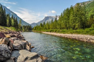 Sebuah sungai mengalir dengan tenang melalui lembah di Taman Negara Glasier Montana.